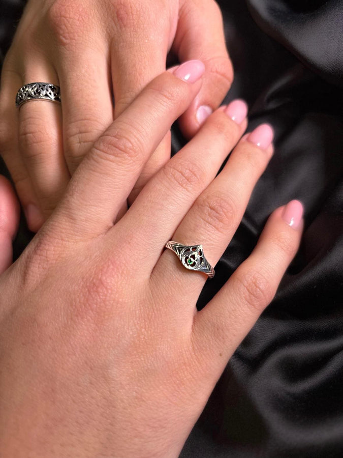 Gothic Flame Wedding Ring Set: Sterling Silver Black Gemstone Crown