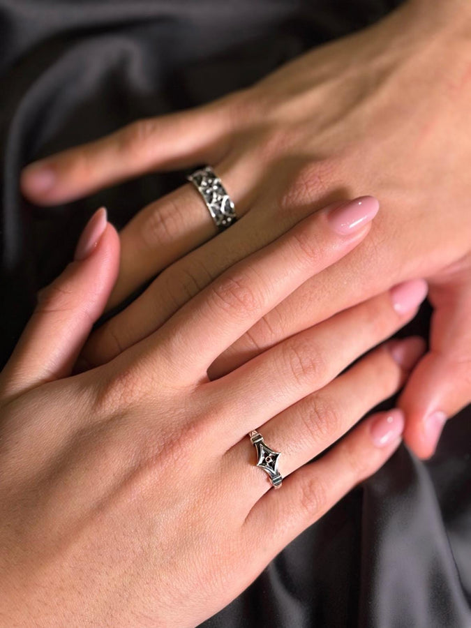Gothic Sterling Silver Wedding Ring Set: Medieval Cathedral Jewelry
