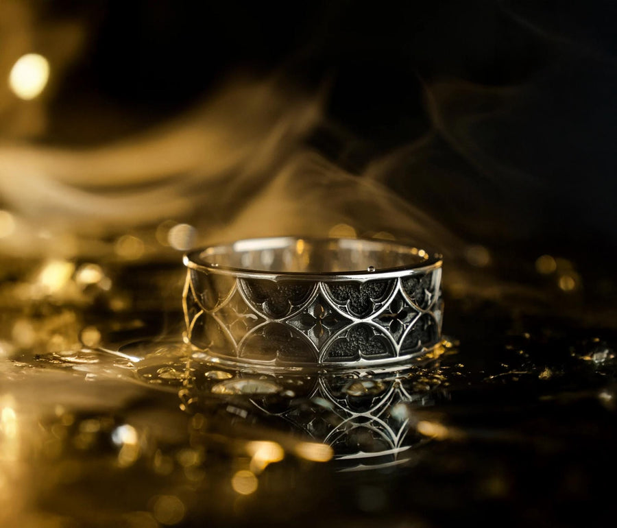 Gothic Wedding Ring Silver – Sterling Silver Band with Cathedral Design | Medieval Style Engagement Ring for Couples (etsy image id: 7423128227)