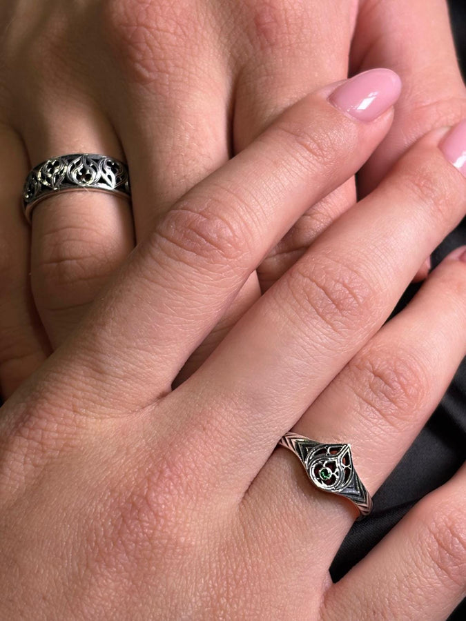 A gemstone centerpiece set in beautifully detailed gothic silver makes this ring the perfect choice for anyone who loves medieval style with a modern twist. (etsy image id: 7500368039)