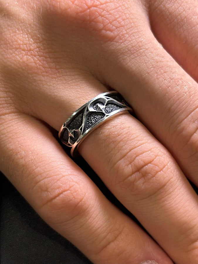 Gothic Wedding Ring Silver – Sterling Silver Medieval Band with Blackened Details | Unique Dark Romance Jewelry for Him and Her (etsy image id: 7375508410)