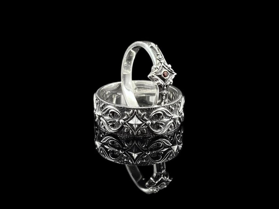Gothic Sterling Silver Wedding Ring Set: Black Texture, Gemstone Accent __etsy:7424901857
