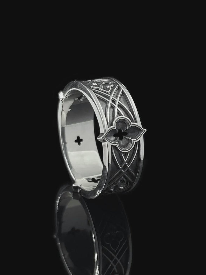 Gothic Quatrefoil Silver Ring – Sterling Silver Medieval Band with Architectural Cross Detail | Unique Gothic Wedding or Statement Ring (etsy image id: 7423618581)