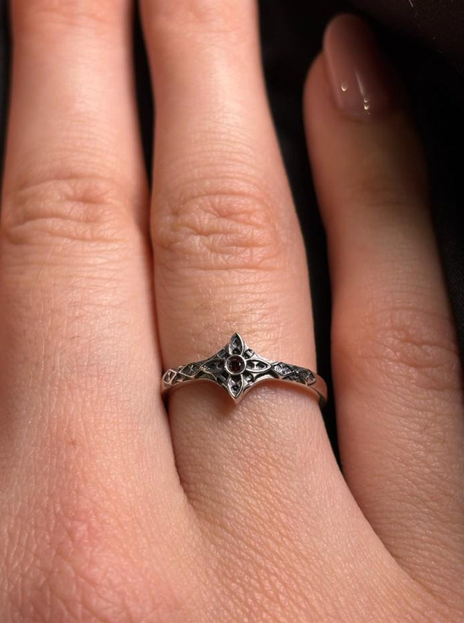 Gothic Engagement Silver Ring – Sterling Silver Ornate Cross Design with Deep Red Gemstone | Romantic Handcrafted Gothic Promise Ring (etsy image id: 7419998013)