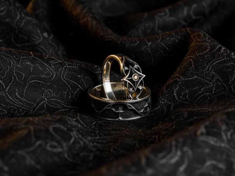 Gothic Sterling Silver Wedding Ring Set “Sanctum”: Celestial Star Gemstone Jewelry