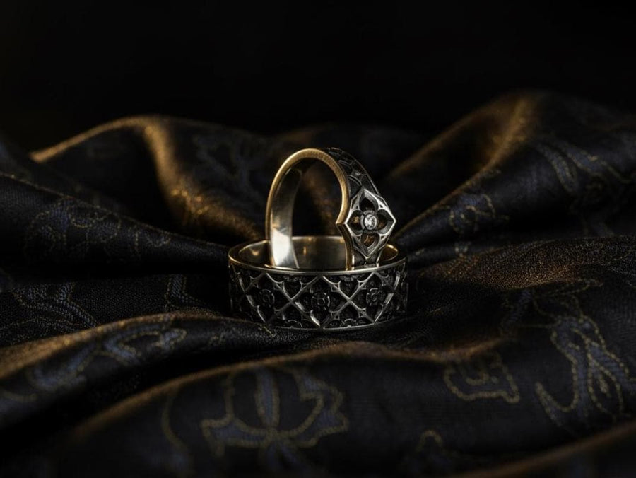 Gothic Cathedral Wedding Ring Set: Sterling Silver Sacred Geometry Jewelry