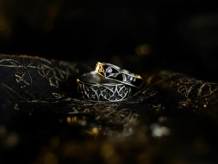Gothic Sterling Silver Wedding Ring Set: Black Texture, Gemstone Accent __etsy:7424901857