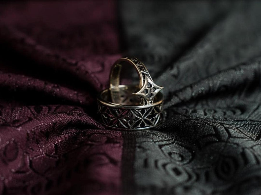 Gothic Sterling Silver Wedding Ring Set: Cathedral Medieval Jewelry