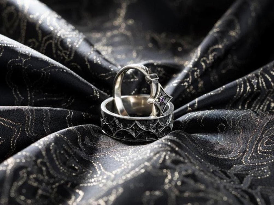 Gothic Sterling Silver Wedding Ring Set: Medieval Cathedral Jewelry