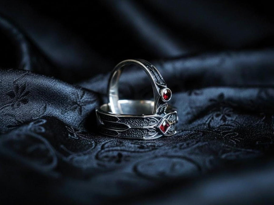 Gothic Sterling Silver Wedding Ring Set: Black Texture, Gemstone Accent __etsy:7424901857