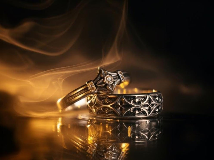 Bathed in soft, romantic light against elegant white silk, this alternative bridal set perfectly balances dark gothic architecture with traditional wedding luxury. The rings evoke a mysterious, dark academia atmosphere, capturing the timeless beauty of ancient stone cathedrals and eternal devotion. Designed for modern couples who appreciate history and non-traditional aesthetics, this matching wedding set is a profound symbol of a love story root (etsy image id: 7928015292)