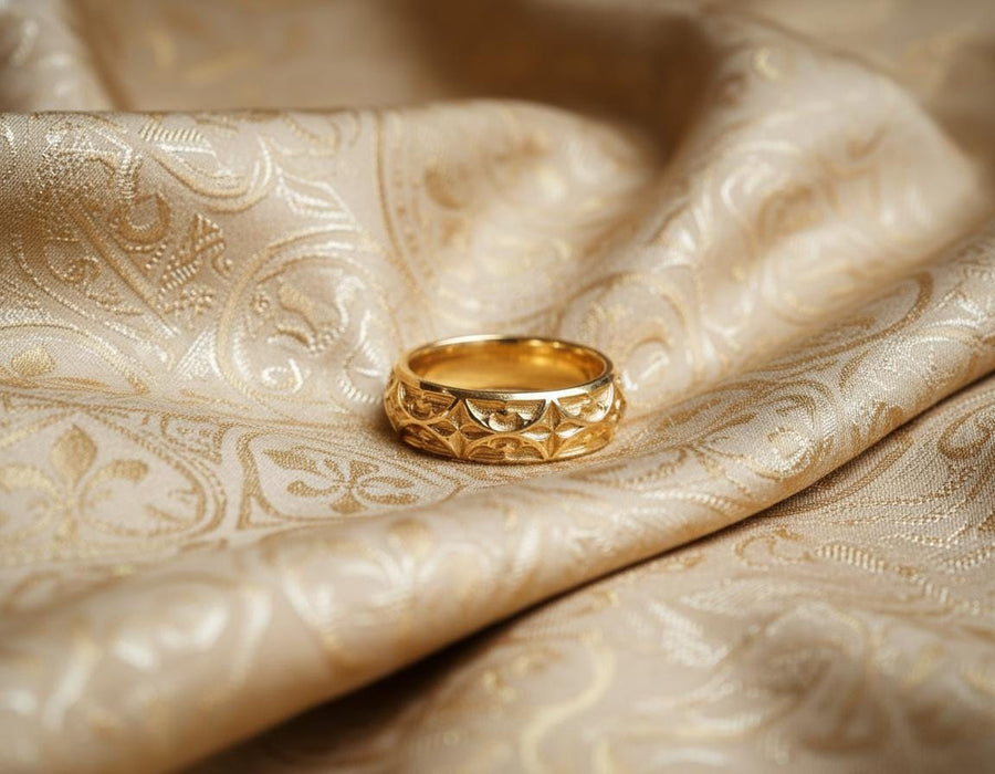 The image demonstrates the seamless nature of the pattern, which wraps around the ring without a visible break. This indicates high-quality casting and mold-making. The rim is substantial but rounded, preventing the ring from digging into the finger. It showcases a balance between rugged "blacksmith" aesthetics and fine jewelry finishing. (etsy image id: 6100248085)