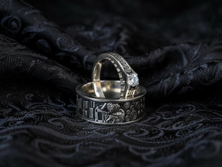 A cinematic studio shot of a matching two-piece ring set. The bottom ring is a wide silver band featuring a detailed relief carving of the couple from Gustav Klimt's "The Kiss." The top ring is a narrower engagement band that mimics the geometric patterns of the painting and holds a round, amber-colored gemstone. The background is a warm, golden haze, reflecting the "Golden Phase" of the original artwork.
