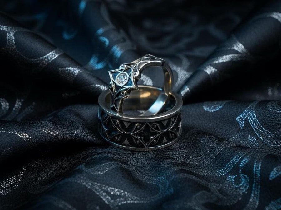 Gothic Sterling Silver Wedding Ring Set: Black Texture, Gemstone Accent __etsy:7424901857