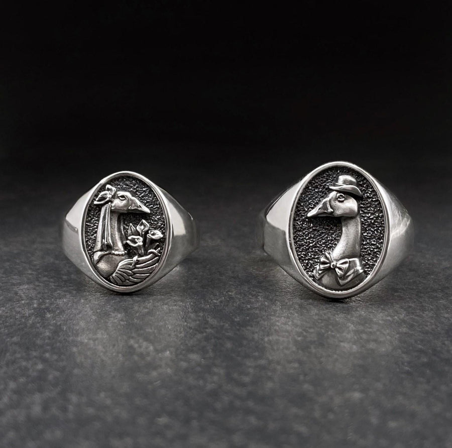 Sterling Silver Unique Goose Wedding Rings Set
Handmade silver couple rings with bird motifs
Animal-inspired wedding bands with humor

Sterling goose rings as anniversary gift

Whimsical bird signet rings for couples

Quirky and symbolic goose couple rings
Goose gentleman and lady ring set for soulmates
Goose Couple Rings

Animal Love Rings

Vintage Bird Rings

Funny Goose Rings

Sterling Goose Set

Goose Wedding Set

ArtFox Jewelry