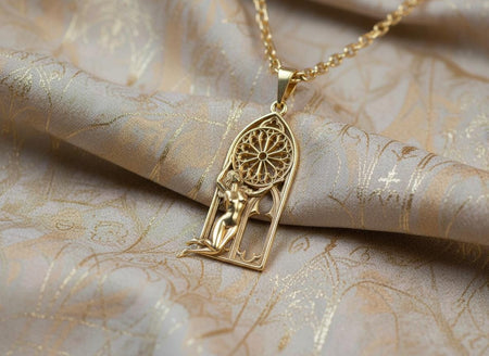 The pendant is reimagined in 14k Yellow Gold. The transformation turns the figure into a "Sun Goddess" holding a solar disc. The gold metal makes the entire piece radiate warmth and power, reminiscent of a Renaissance bronze statuette. This version feels luxurious and mythological, perfect for a collector of fine art jewelry. (etsy image id: 7448529856)
