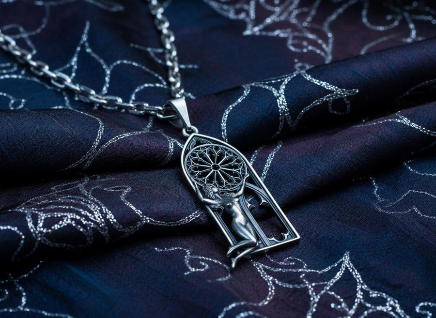 A cinematic studio shot of a tall, arched sterling silver pendant. The frame mimics a Gothic cathedral window. Inside the arch, a sculpted female figure (appearing nude) kneels or floats, reaching up to hold a large, circular "Rose Window" tracery wheel above her head. The silver is heavily oxidized, creating deep shadows behind the figure and the window spokes. (etsy image id: 7448666740)