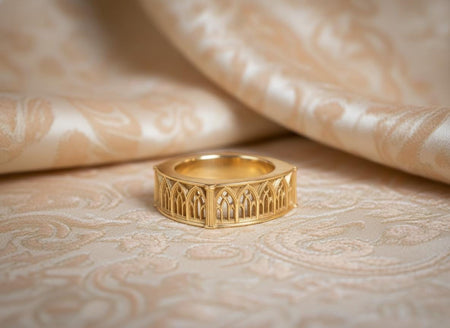 The Fortress ring is reimagined in 18k Yellow Gold. The transformation turns the "Iron Keep" into a "Golden Treasury." The warm metal catches the light on the corner pillars, looking like a royal citadel at sunset. This version feels impenetrable and opulent, perfect for a high-value gift for a protector or provider. (etsy image id: 7450399640)