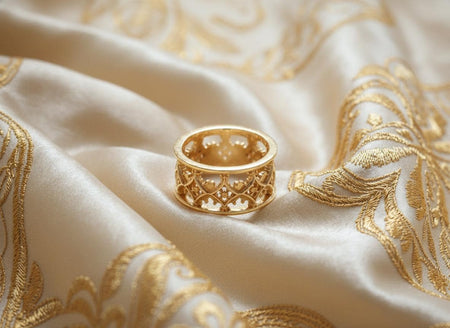 The Openwork band is reimagined in 14k Yellow Gold. The transformation turns the "Iron Grate" into a "Golden Lattice." The warm metal makes the ring look like the screen of a confessional or a royal garden gate. This version feels airy, opulent, and delicate, perfect for a unique wedding band that allows the skin to breathe. (etsy image id: 7452021706)