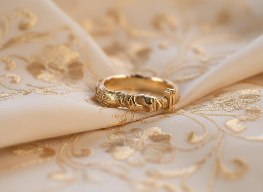 A cinematic studio shot of a sculptural sterling silver ring resting on a dark textured fabric. The focal point is two realistic hands clasped in a handshake (the Fede motif). Instead of fabric sleeves, the wrists emerge from architectural column capitals with distinct "volute" scrolls (Ionic style). The band continues as a textured, fluted column shaft. The silver is heavily oxidized to mimic ancient stone. (etsy image id: 7452415972)