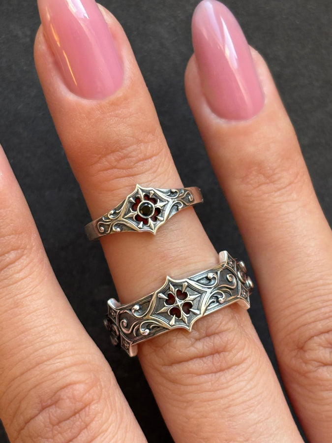 Gothic Sterling Silver Wedding Ring Set: Black Texture, Gemstone Accent __etsy:7424901857