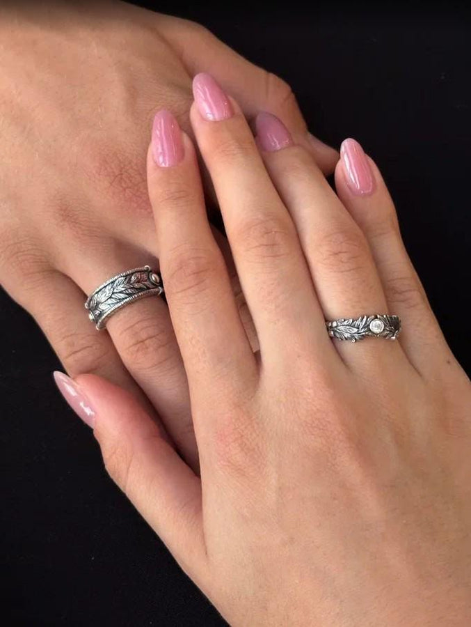 Gothic Sterling Silver Wedding Ring Set: Black Texture, Gemstone Accent __etsy:7424901857