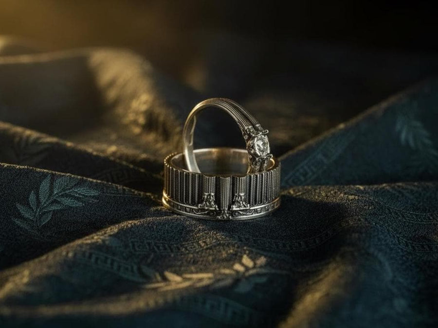 This sterling silver ring set features bold architectural column details with finely carved fluting and ornate capital motifs. The design draws inspiration from ancient Greek and Roman structures, offering a sculptural aesthetic that feels elegant and timeless. Ideal for wedding sets or collectors of detailed art jewelry, the polished silver contrasts beautifully with the deep engraved textures.