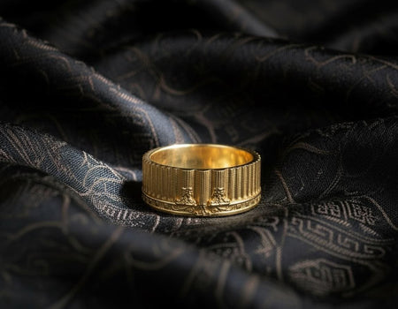 Golden version of the Greek temple ring, styled with the same architectural elements—columns, fluted textures and ornate friezes—rendered in warm polished gold. The reflective surface adds a regal, antique aura reminiscent of historical artifacts and museum treasures. Ideal for showcasing luxury, classical symbolism and high-end statement jewelry. (etsy image id: 7465645809)