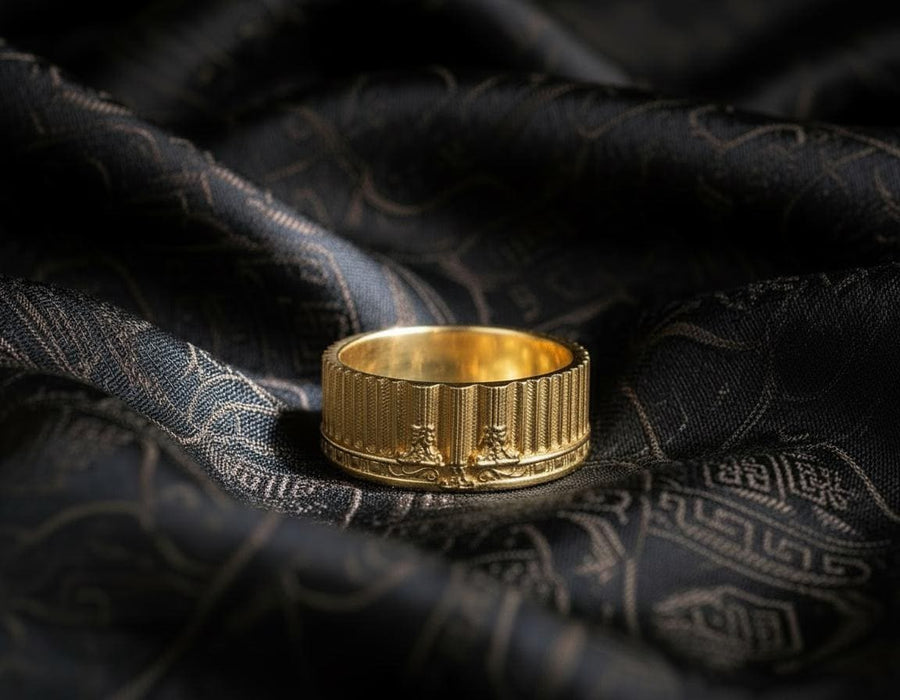 A handcrafted silver band ring with an ancient architectural theme. The carved columns and decorative patterns resemble historic Greek structures, giving the jewelry a symbolic and powerful presence. The design suits collectors of classical art, mythology enthusiasts and anyone who values bold and meaningful accessories. (etsy image id: 7417729506)
