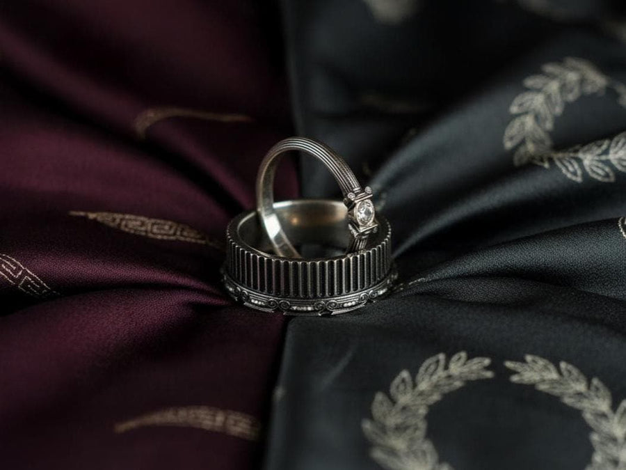 Sterling Silver Ancient Greek Wedding Ring Set: Ionic Column Design