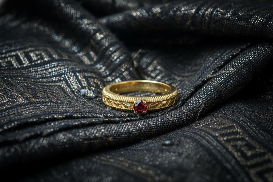A nature-inspired silver wedding ring featuring raised leaf motifs and a shimmering round gemstone set in the center. The Art Nouveau style is expressed through smooth curves and organic detailing along the band. Ideal for brides or grooms who appreciate delicate plant symbolism, handcrafted jewelry, and an elegant blend of vintage and contemporary design elements in their wedding set. (etsy image id: 6300134508)