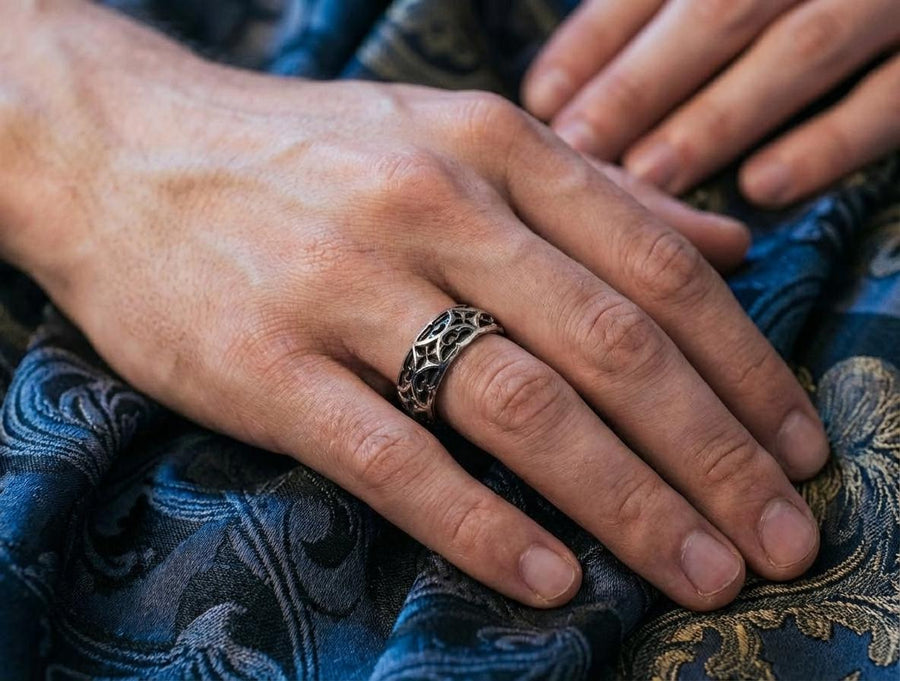 Bathed in soft, romantic light against elegant white silk, this alternative bridal set perfectly balances dark gothic architecture with traditional wedding luxury. The rings evoke a mysterious, dark academia atmosphere, capturing the timeless beauty of ancient stone cathedrals and eternal devotion. Designed for modern couples who appreciate history and non-traditional aesthetics, this matching wedding set is a profound symbol of a love story root (etsy image id: 7928015292)