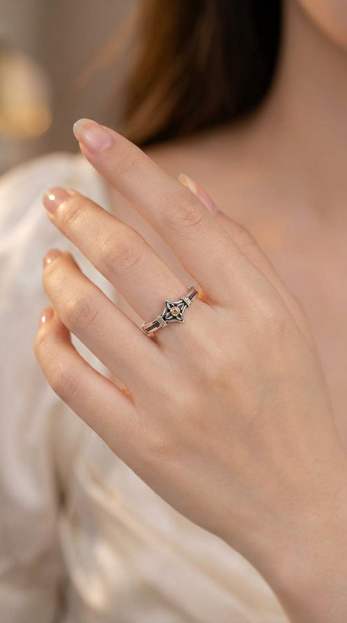 Bathed in soft, romantic light against elegant white silk, this alternative bridal set perfectly balances dark gothic architecture with traditional wedding luxury. The rings evoke a mysterious, dark academia atmosphere, capturing the timeless beauty of ancient stone cathedrals and eternal devotion. Designed for modern couples who appreciate history and non-traditional aesthetics, this matching wedding set is a profound symbol of a love story root (etsy image id: 7928015292)