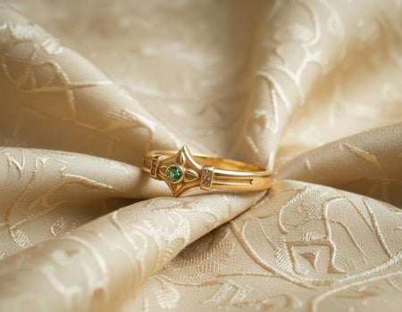 The design is reimagined in 14k yellow gold with a blood-red Garnet center stone. The shift to gold makes the ring look like a Byzantine or Tudor artifact. The red stone adds intensity and passion, transforming the "Guiding Star" into a "Royal Seal." This version feels opulent and regal, perfect for a luxury alternative engagement ring or a high-end anniversary gift. (etsy image id: 7488705143)