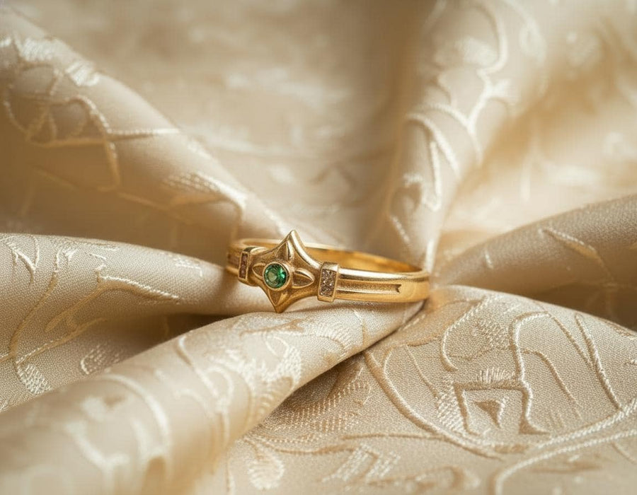 A macro photograph of a sterling silver ring with a distinct medieval silhouette. The centerpiece is a four-pointed "cross" or "star" shape holding a round, amber-hued gemstone (Citrine). The band is flanked by small, vertical bars set with tiny accent stones that sparkle in the light. The metal features a mix of high-polish highlights and dark, oxidized recesses, giving it an antique, artifact-like appearance. (etsy image id: 7488715953)