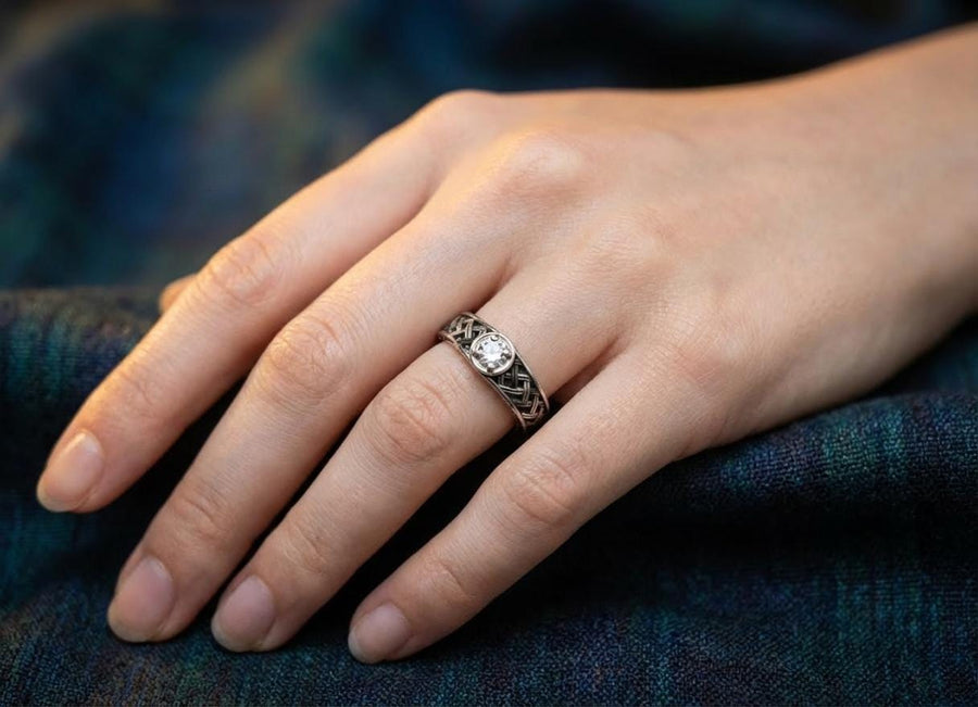 Sterling Silver Celtic Ring with White Gemstone, Viking Braid Band, Handmade Gothic Ring, Norse Engagement or Spiritual Statement Ring (etsy image id: 7190804447)