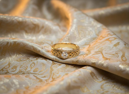 The Celtic design is reimagined in 10k or 14k Yellow Gold. The shift to gold connects the ring to the "Torc" jewelry of ancient chieftains. The warm metal glows intensely, making the white center stone sparkle with even more brilliance. This version feels regal and traditional, perfect for a high-end "Heritage Wedding" band. (etsy image id: 7489406263)
