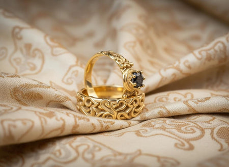 The Crown set is reimagined in 14k Rose Gold. The pinkish-gold hue softens the "Dark Queen" vibe into something more "Fairy Tale." The oxidation is replaced with a soft matte finish in the recesses. This version looks like a vintage piece from a Romanov treasure box—romantic, opulent, and fit for a princess.
