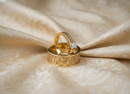 The Klimt set is reimagined in 18k Yellow Gold. This transformation brings the rings as close as possible to the original painting's aesthetic. The gold metal mimics the Byzantine mosaics that inspired Klimt. The Citrine stone blends seamlessly with the gold setting, creating a monochromatic look of pure luxury. This version feels like wearing a fragment of the actual canvas on your finger.