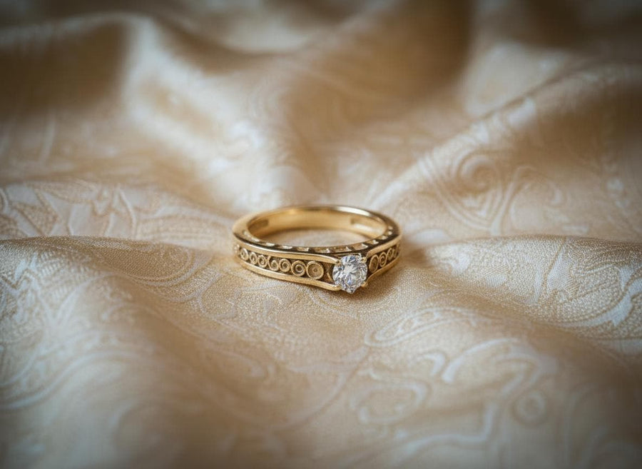 A detailed macro shot of a sterling silver engagement ring. The focal point is a round, honey-colored gemstone (Citrine or Madeira Topaz) set flush into the band. The shank is decorated with a continuous relief pattern of spirals and circles, mimicking the decorative robes found in Gustav Klimt's "Golden Phase" paintings. The silver features an oxidized finish, creating a dark background that makes the polished spirals pop. (etsy image id: 7142785932)