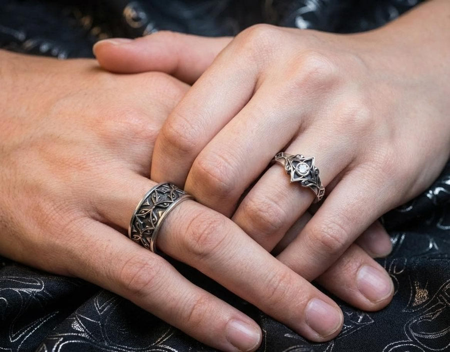 Gothic Sterling Silver Wedding Ring Set: Black Texture, Gemstone Accent __etsy:7424901857