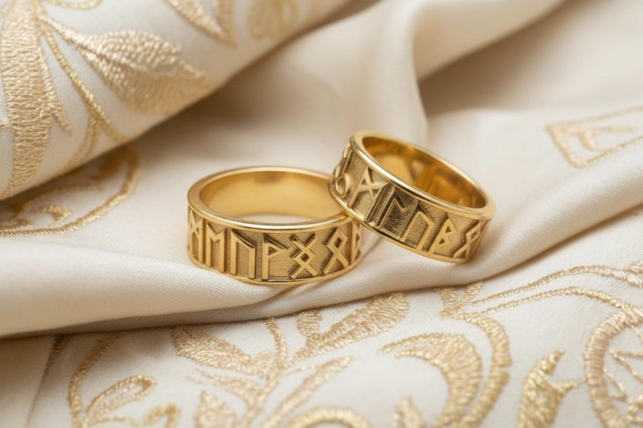 A clean studio shot of two matching sterling silver rings. The bands feature the 24 characters of the Elder Futhark runic alphabet wrapping around the exterior. The runes are polished silver, standing out sharply against a rough, blackened background texture. The rims are smooth and polished, framing the ancient script.