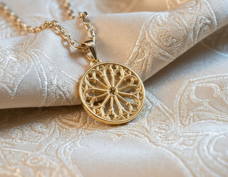 The Rose Window is reimagined in 14k Yellow Gold. The transformation turns the "stone" tracery into a "Sun Wheel." The gold radiates warmth, looking like a monstrance or a reliquary from a church treasury. This version feels holy and opulent, perfect for a confirmation gift or a luxury statement piece for a lover of religious art. (etsy image id: 7493925655)