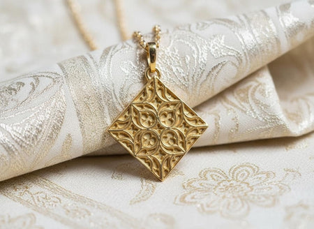 The Lozenge pendant is reimagined in 14k Yellow Gold. The transformation gives it the look of a Byzantine icon frame or a piece of royal regalia. The gold warms the sharp lines of the tracery, making it feel opulent and "Holy." This version serves as a luxury statement piece, perfect for layering with other gold amulets. (etsy image id: 7494083343)