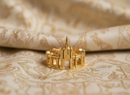 The Cathedral ring is reimagined in 14k Yellow Gold. The transformation turns the "Silver City" into "El Dorado" or the Golden City of legend. The warm metal makes the spires glow like a sunset over a royal palace. This version feels mythical and radiant, perfect for a high-end gift for a fantasy lover who prefers the warmth of the sun. (etsy image id: 7498051575)