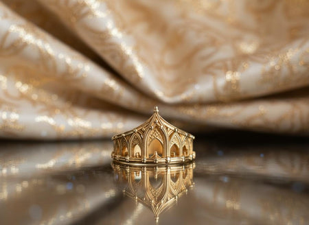 The Cathedral Crown is reimagined in 14k Yellow Gold. The transformation turns the "Stone Fortress" into a "Golden Reliquary." The warm metal makes the arches look like the gilded gates of heaven or a saint's halo. This version feels holy, opulent, and radiant, perfect for a luxury alternative wedding band or a high-end fantasy gift.