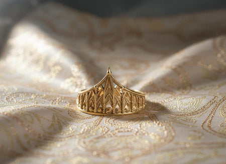 The Spire Tiara is reimagined in 14k Rose Gold. The transformation turns the "Stone Cathedral" into a "Dawn Palace." The pinkish-gold metal softens the sharp architectural lines, making the ring look like a fairy-tale crown. This version feels romantic and ethereal, perfect for a fantasy-themed wedding band or a unique engagement ring. (etsy image id: 7498283803)