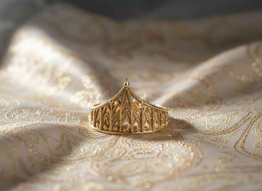 The spire represents the connection between the earth and the heavens, or high aspirations. The ribbed vaulting represents strength through structure. Wearing this ring as a "crown" on the finger symbolizes personal sovereignty and a dedication to higher ideals. It is a piece that commands respect. (etsy image id: 7976017075)