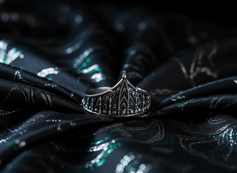 The spire represents the connection between the earth and the heavens, or high aspirations. The ribbed vaulting represents strength through structure. Wearing this ring as a "crown" on the finger symbolizes personal sovereignty and a dedication to higher ideals. It is a piece that commands respect. (etsy image id: 7976017075)