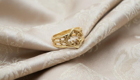 A luxurious 14k gold version of the Gothic Cathedral ring. The warm, yellow metal transforms the medieval design into something regal and ecclesiastical, reminiscent of a bishop's ring or a royal relic. The deep recesses are matte-finished to provide contrast without the black oxidation, allowing the golden arches to shine brilliantly. (etsy image id: 7498409271)